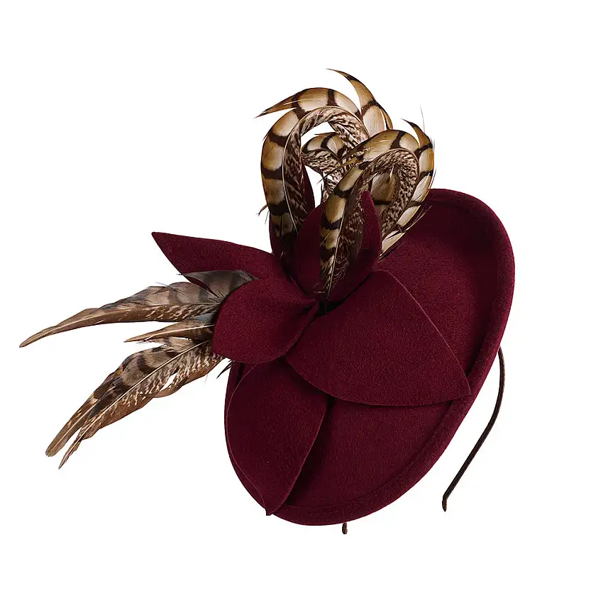 Chapeau Bibi Disque en Laine Feutrée Avec Plumes vin FAILSWORTH