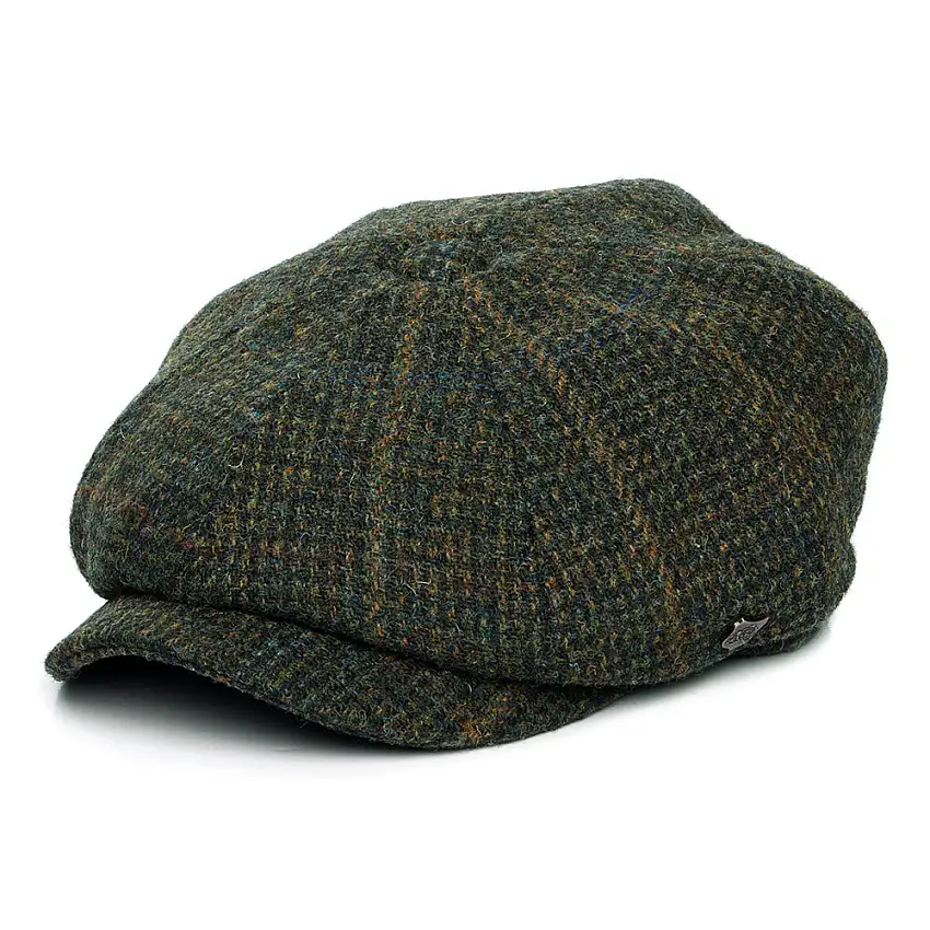 Casquette Gavroche en HARRIS TWEED à Carreaux Carloway olive et mix de couleurs FAILSWORTH
