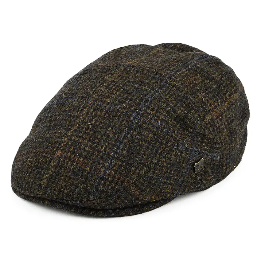 Casquette Plate en HARRIS TWEED à Carreaux Stornoway olive et mix de couleurs FAILSWORTH
