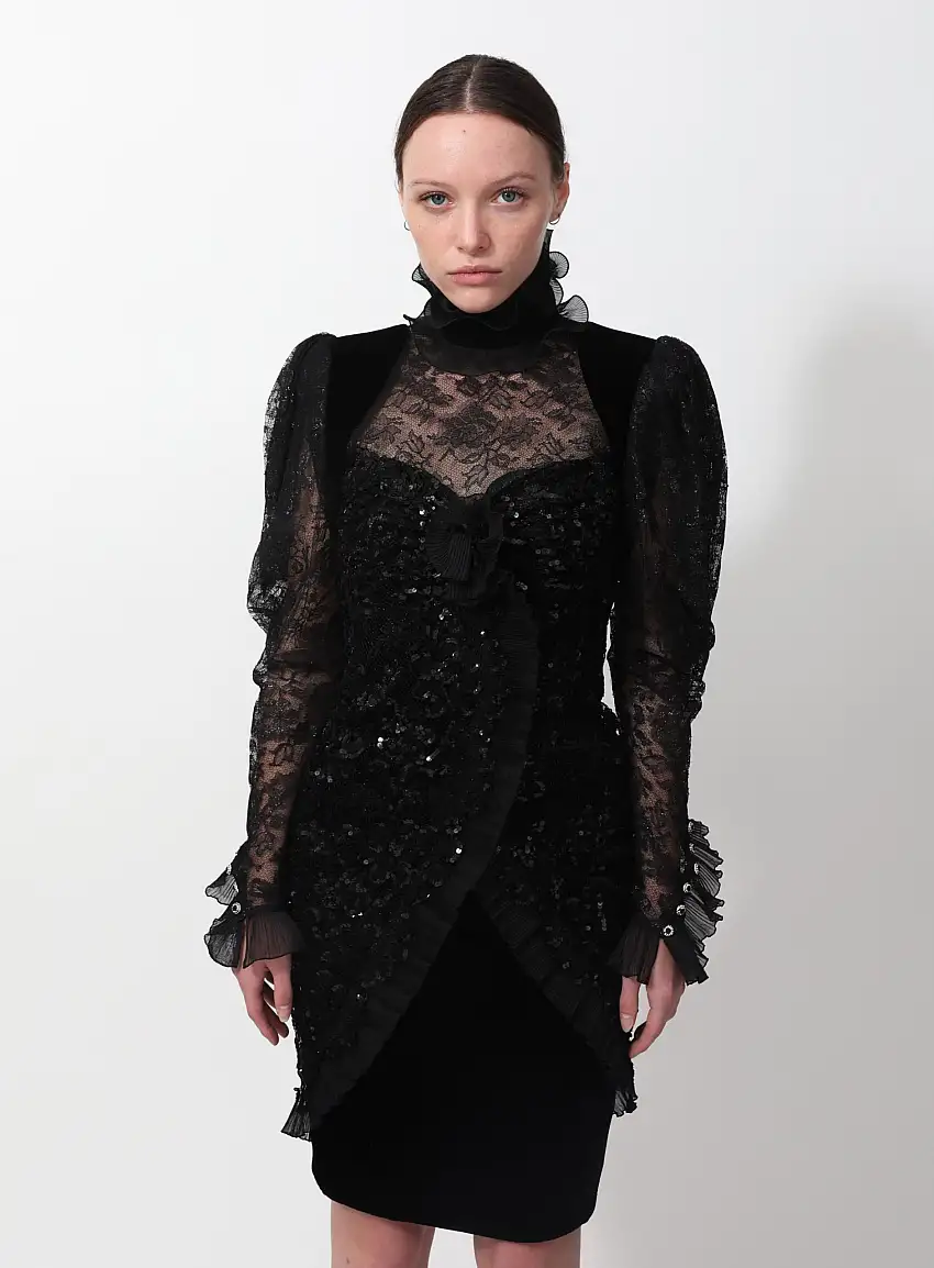 Robe en velours à paillettes en dentelle couture des années 70 | Authentique & Vintage