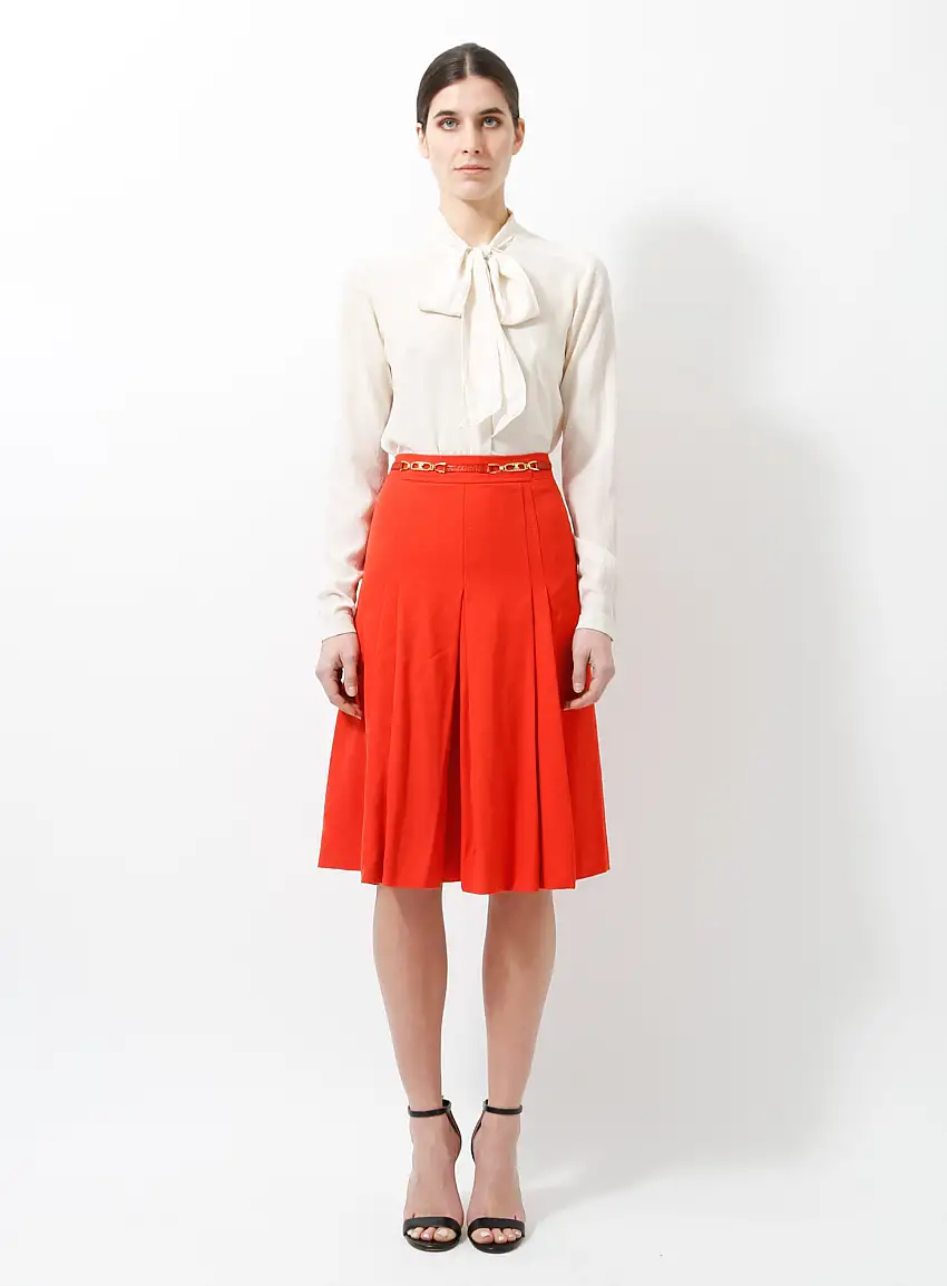 Jupe plissée en laine orange des années 70 | Authentique & Vintage