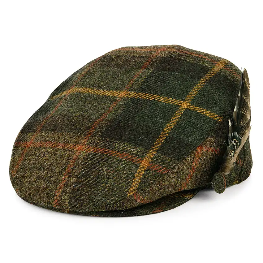 Casquette Plate en Laine Britannique Tartan Plume vert-marron-moutarde FAILSWORTH