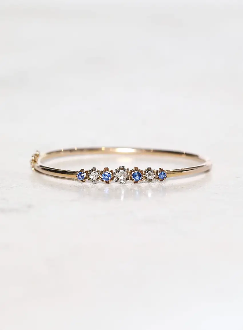 Bracelet Jonc en Or Jaune 18k, Platine, Saphirs & Diamants | Authentique & Vintage
