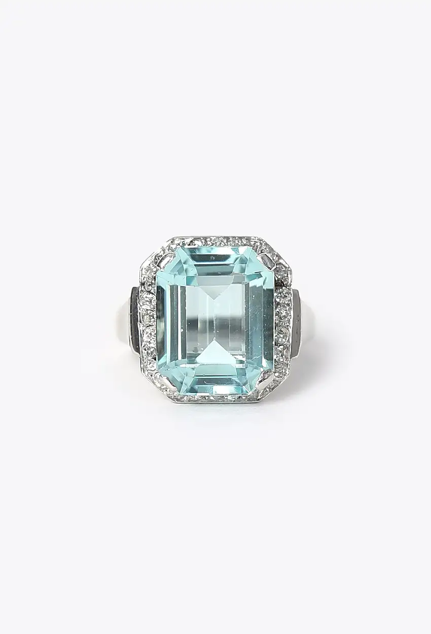 1930s Bague Exquise Platine et Aigue-Marine - Bijoux Vintage