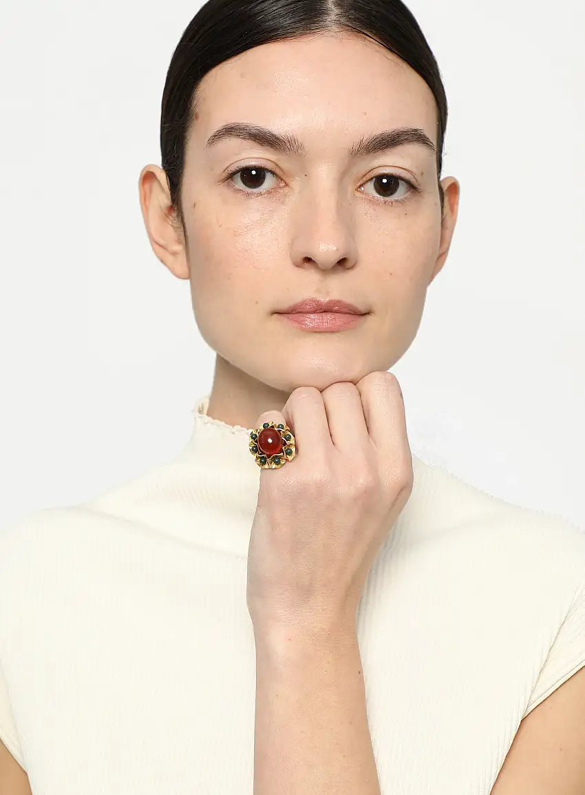 Bague en Or Jaune 18k, Cornaline et Jaspe Vert | Authentique & Vintage