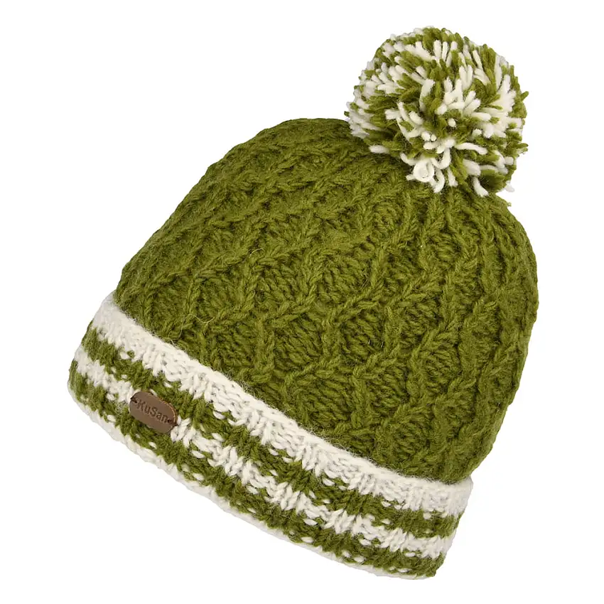 Bonnet à Pompon Maille Losange et Revers à Rayures olive KUSAN