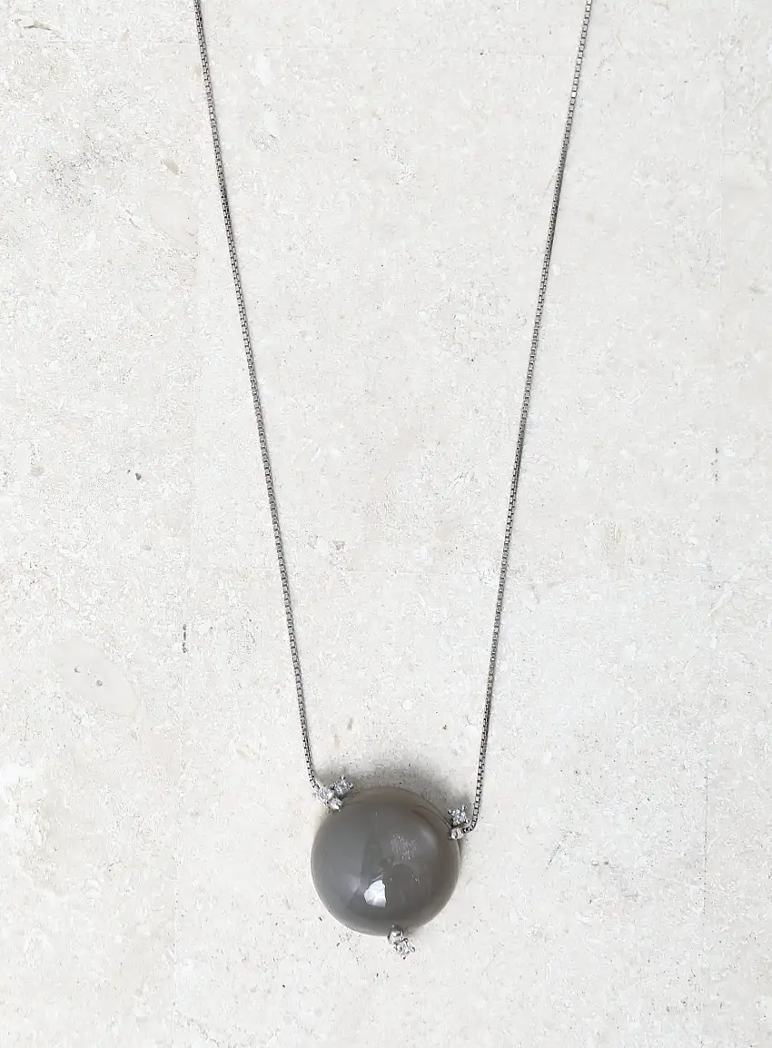 Collier en Or Blanc 18k, Pierre de Lune & Diamants | Authentique & Vintage