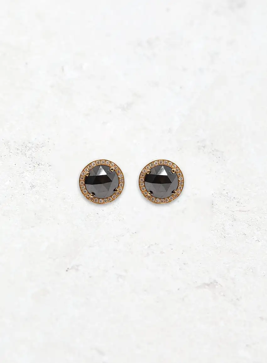 Puces d'Oreilles en Or Rose 18 Carats, Diamants & Diamants Noirs | Authentique & Vintage