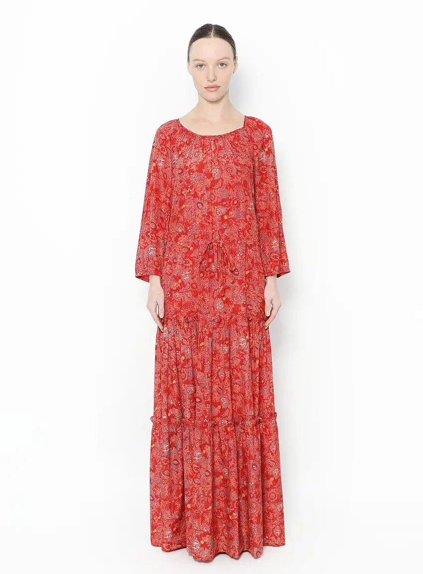 '70s Robe bohème longue rouge à imprimé floral - Exquisite Vintage