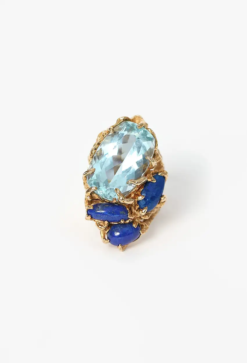 '70s Bague Arthur King Or Jaune 18K , Aigue-Marine et Lapis-Lazuli - Bijoux Vintage