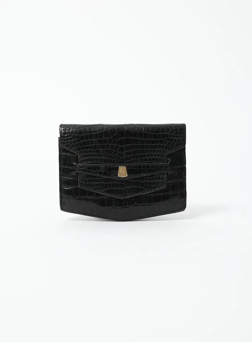1940s Pochette Art Déco Porosus Noir | Authentique & Vintage