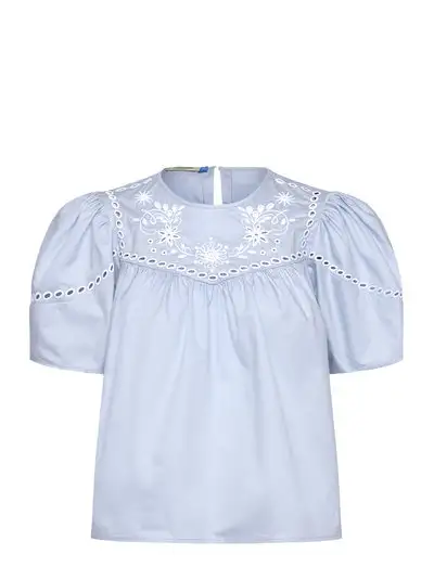 Cotton twill embroidered top - Blouses à manches courtes